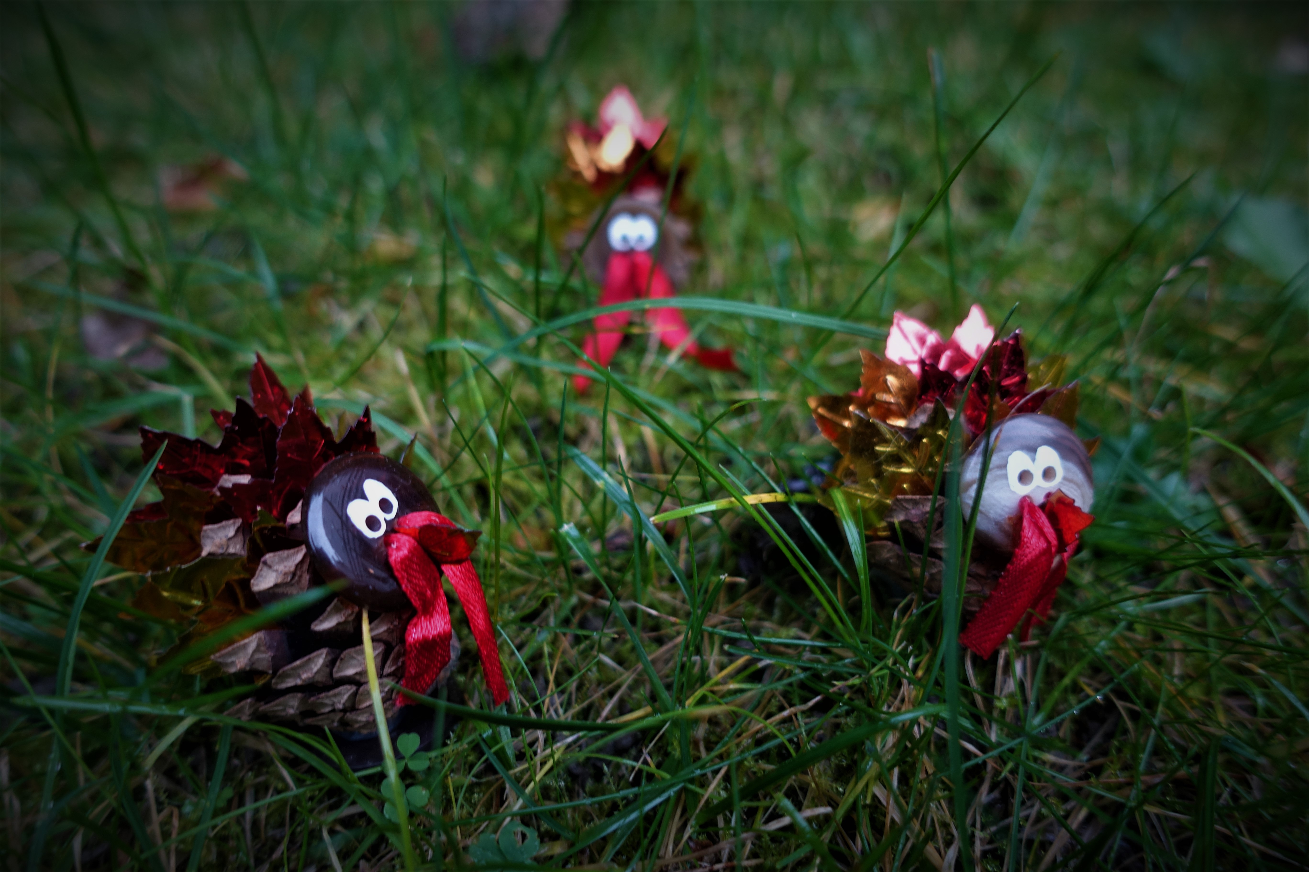 Three pinecone turkeys enjoying their time in the grass