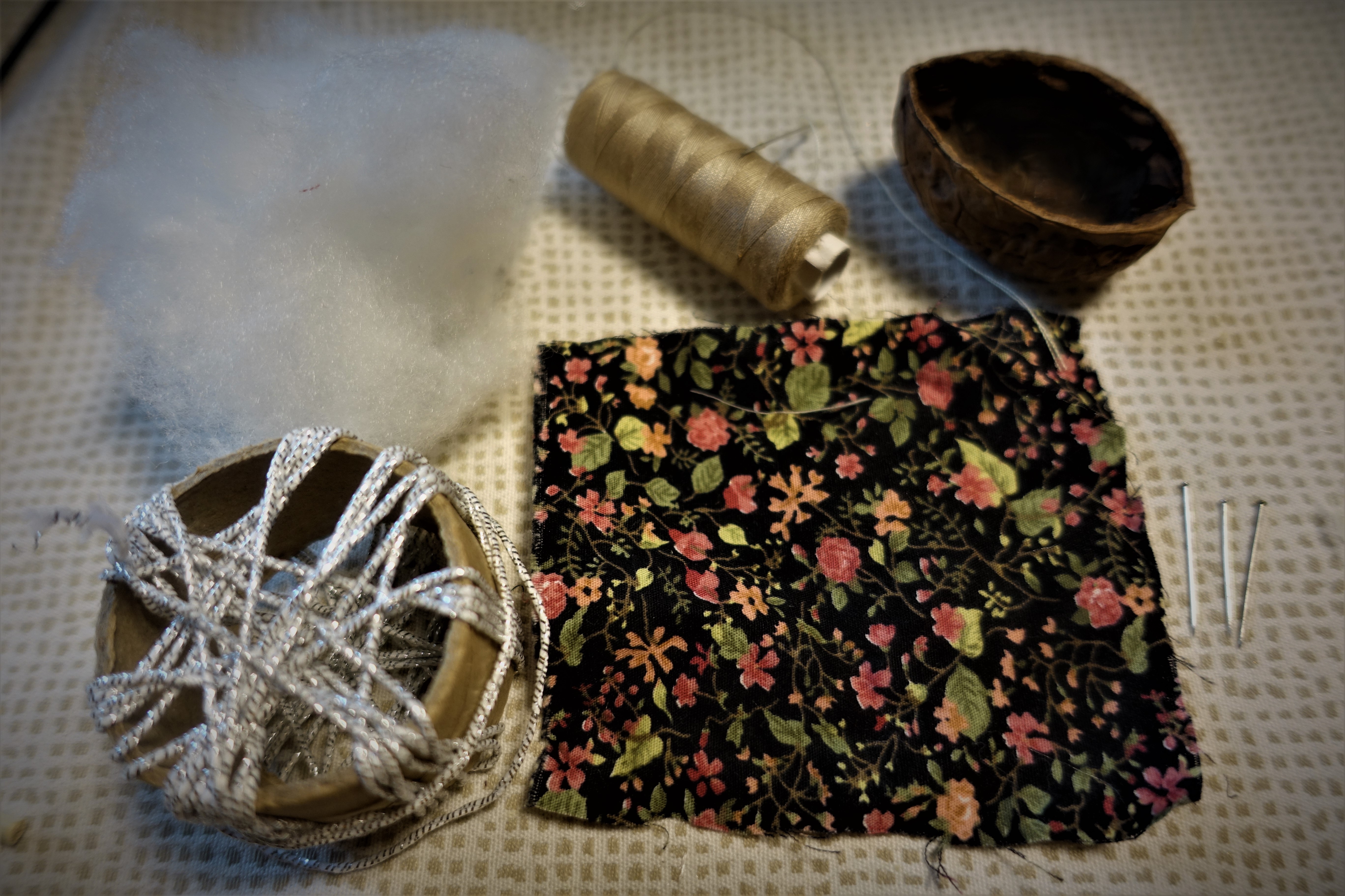 Materials for the pin cushion walnut ornament